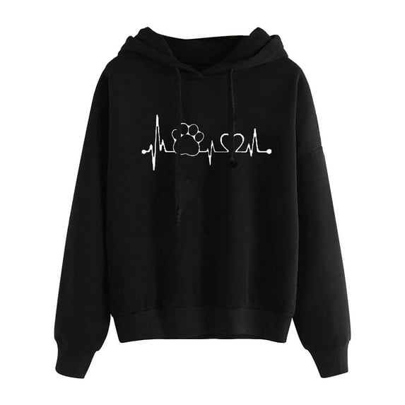 Women'S Casual Hoodies Classic Heartbeat Line Printing Print Long Sleeve Drawstring Pullover Sweatshirts Fall And Winter Lightweight Tops Black L