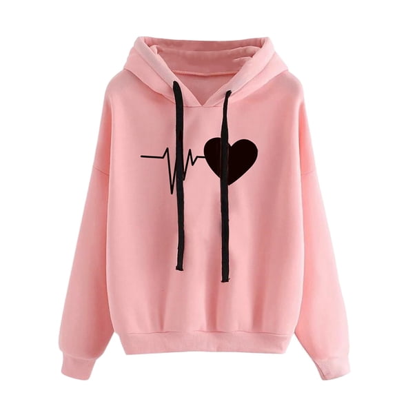 Women'S Casual Hoodies Classic Heartbeat Line Printing Print Long Sleeve Drawstring Pullover Sweatshirts Fall And Winter Lightweight Tops Pink XL