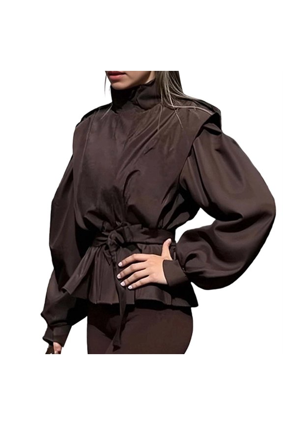 Women'S Casual Jacket Fall Fashion Long Sleeve Belted Jacket Cropped Jackets Windbreaker Coat Street Lounge Wear Brown S