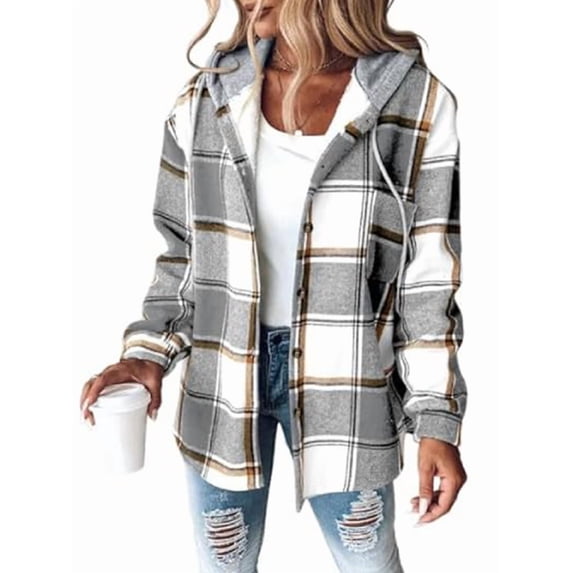 Women'S Casual Jacket Plaid Long Sleeve Shacket Fleece Lined Hooded Jackets Warm Coat Light Gray XXXL