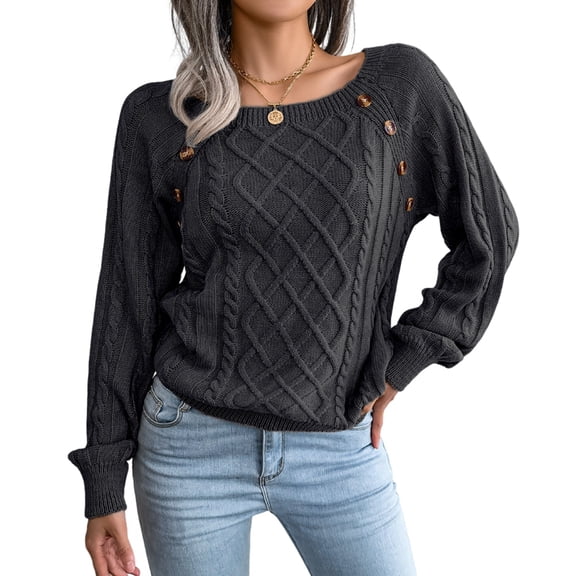 Women'S Casual Knitted Pullover Sweaters Long Sleeve Crew Neck Jumper Tops Black L