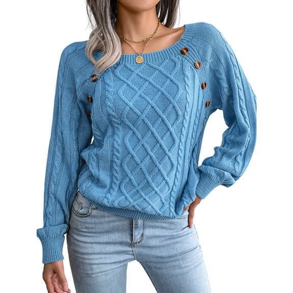 Women'S Casual Knitted Pullover Sweaters Long Sleeve Crew Neck Jumper Tops Blue M