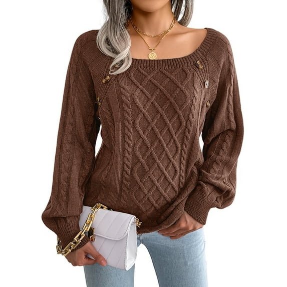 Women'S Casual Knitted Pullover Sweaters Long Sleeve Crew Neck Jumper Tops Brown L