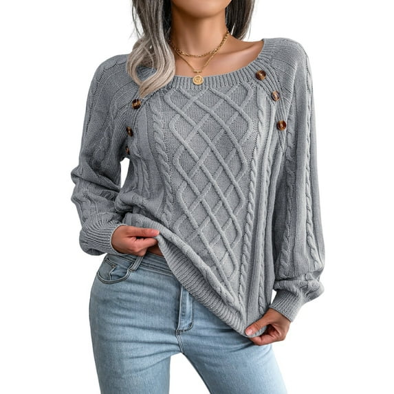 Women'S Casual Knitted Pullover Sweaters Long Sleeve Crew Neck Jumper Tops Gray L