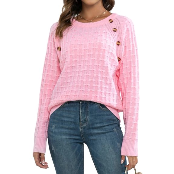 Women’S Casual Knitted Pullover Sweaters Long Sleeve Crew Neck Jumper Tops Pink M