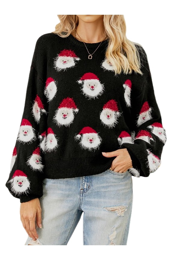 Women'S Casual Leopard Print Knitted Pullover Sweaters Long Sleeve Crew Neck Jumper Tops Black L