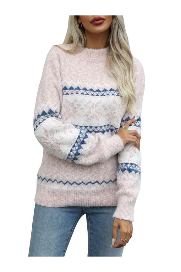 Women'S Casual Leopard Print Knitted Pullover Sweaters Long Sleeve Crew Neck Jumper Tops Pink L