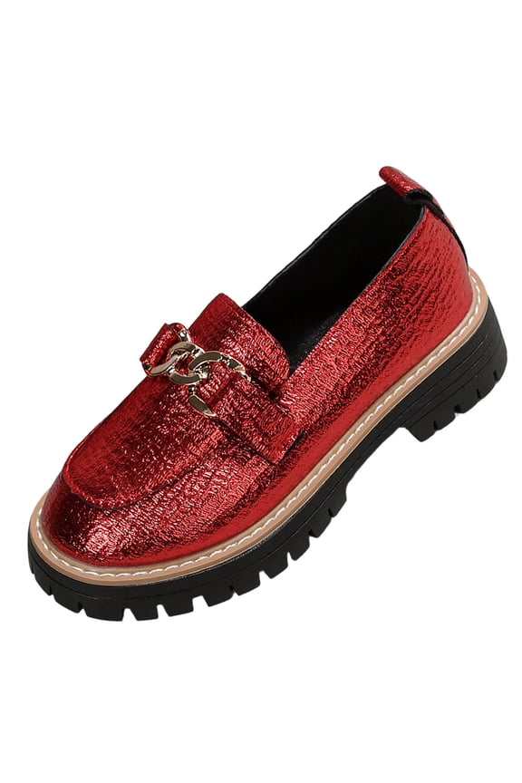 Women’S Casual Loafers Round Toe Metal Buckle Chunky Heel Thick Bottom Pu Material Red Us Size 5.5