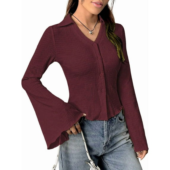 Women'S Casual Long Bell Sleeve Button Down Blouse Lettuce Collar Shirt Work Blouse Wine Red M