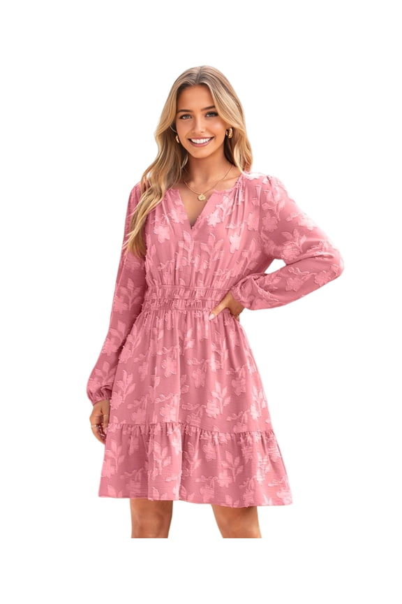 Women'S Casual Long Sleeve Babydoll Flowy Dress V Neck Swing Party Mini Dress Pink L