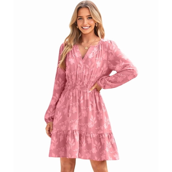 Women'S Casual Long Sleeve Babydoll Flowy Dress V Neck Swing Party Mini Dress Pink S