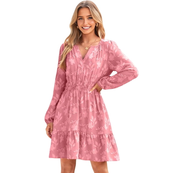 Women'S Casual Long Sleeve Babydoll Flowy Dress V Neck Swing Party Mini Dress Pink S