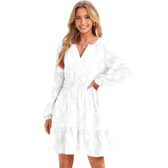 Women'S Casual Long Sleeve Babydoll Flowy Dress V Neck Swing Party Mini Dress White S