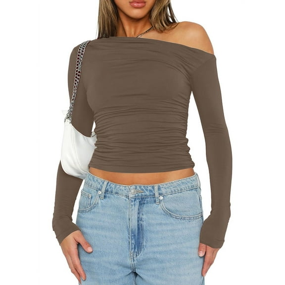Women'S Casual Long Sleeve Boat Neck Off Shoulder Slim Fit Crop Top Going Out Blouses Y2K Tight Shirts Camel S