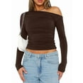 thumbnail image 1 of Women'S Casual Long Sleeve Boat Neck Off Shoulder Slim Fit Crop Top Going Out Blouses Y2K Tight Shirts Coffee Color M, 1 of 5