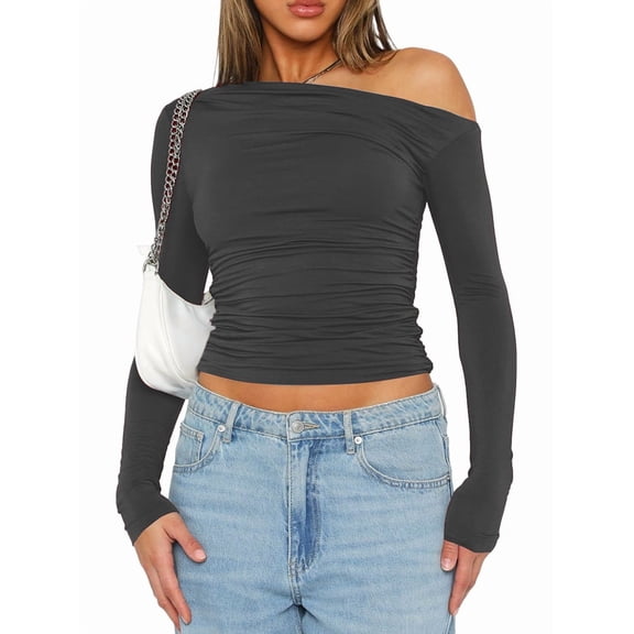 Women'S Casual Long Sleeve Boat Neck Off Shoulder Slim Fit Crop Top Going Out Blouses Y2K Tight Shirts Dark Gray M