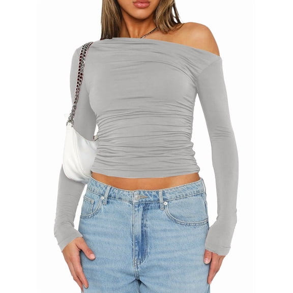 Women'S Casual Long Sleeve Boat Neck Off Shoulder Slim Fit Crop Top Going Out Blouses Y2K Tight Shirts Flower Gray S