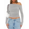 thumbnail image 1 of Women'S Casual Long Sleeve Boat Neck Off Shoulder Slim Fit Crop Top Going Out Blouses Y2K Tight Shirts Flower Gray XS, 1 of 5