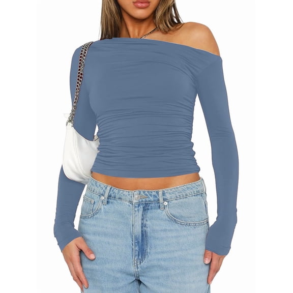 Women'S Casual Long Sleeve Boat Neck Off Shoulder Slim Fit Crop Top Going Out Blouses Y2K Tight Shirts Sea Blue XL