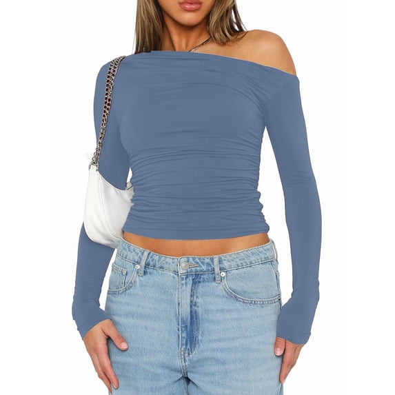 Women'S Casual Long Sleeve Boat Neck Off Shoulder Slim Fit Crop Top Going Out Blouses Y2K Tight Shirts Sea Blue XS