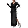 thumbnail image 1 of Women'S Casual Long Sleeve Collar V Neck Maxi Sweater Dress Slit Thigh Ribbed Knit Bodycon Pencil Dresses Black XL, 1 of 10