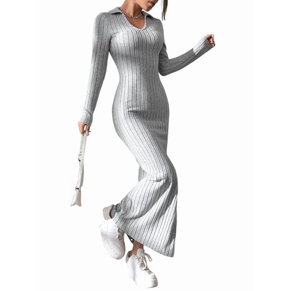 Women'S Casual Long Sleeve Collar V Neck Maxi Sweater Dress Slit Thigh Ribbed Knit Bodycon Pencil Dresses Gray L