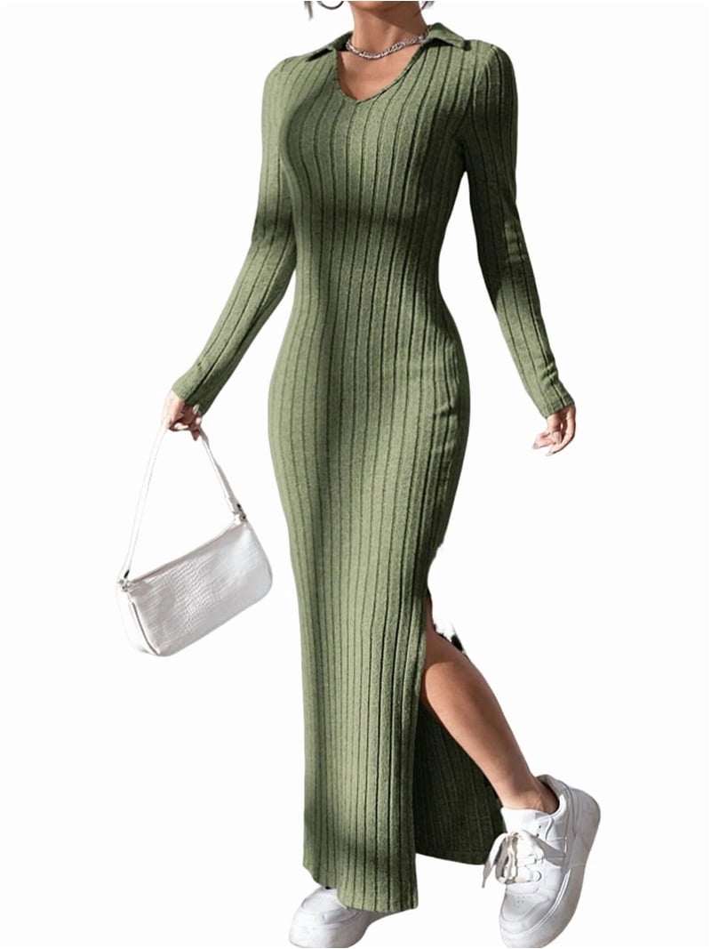 Women'S Casual Long Sleeve Collar V Neck Maxi Sweater Dress Slit Thigh Ribbed Knit Bodycon Pencil Dresses Green XL