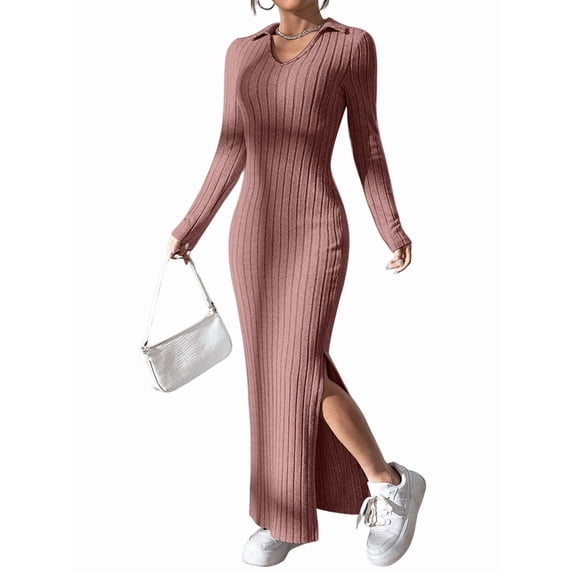 Women'S Casual Long Sleeve Collar V Neck Maxi Sweater Dress Slit Thigh Ribbed Knit Bodycon Pencil Dresses Pink S