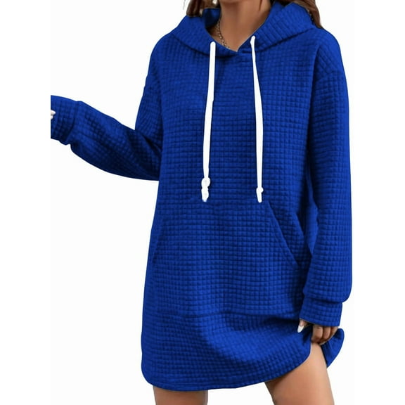 Women'S Casual Long Sleeve Drawstring Waffle Pullover Loose Hooded Sports Sweater Dress with Pockets Colorful Blue S