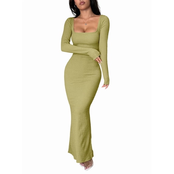Women'S Casual Long Sleeve Maxi Dress Spring Fall Square Neck Soft Lounge Long Bodycon Dress Grass Green M