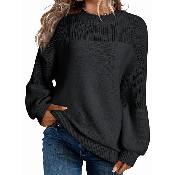 Women'S Casual Long Sleeve Sweaters Loose Crewneck Knit Solid Pullover Sweater Jumper Tops Black S