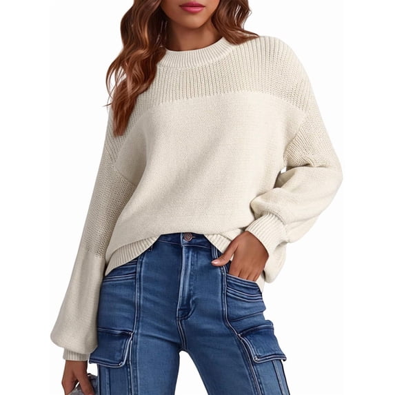 Women'S Casual Long Sleeve Sweaters Loose Crewneck Knit Solid Pullover Sweater Jumper Tops White M