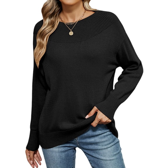 Women'S Casual Long Sleeve Sweaters Loose Knit Solid Pullover Sweater Jumper Tops Black L