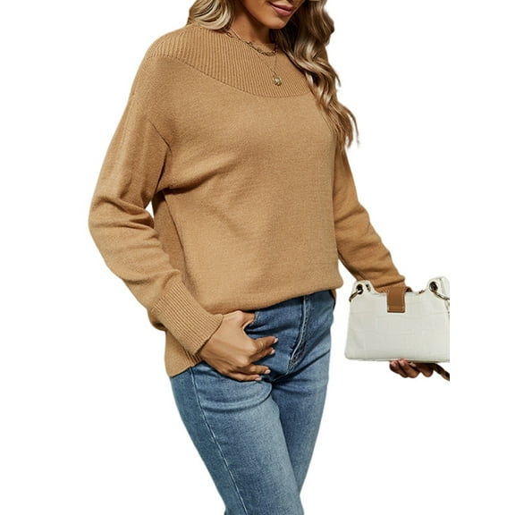 Women'S Casual Long Sleeve Sweaters Loose Knit Solid Pullover Sweater Jumper Tops Camel S