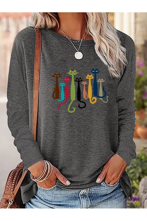 Women'S Casual Long Sleeve T-Shirt with Colorful Cat Graphic, Crew Neck, 100%COTTON Top, Medium Stretch, Regular Fit, Spring/Fall Pullovers