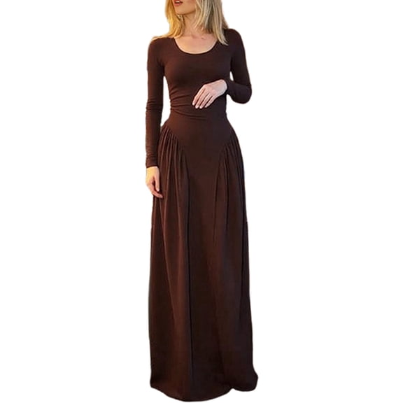 Women'S Casual Long Sleeve U-Neck Solid Color High Waist Bodycon Maxi Dress Brown M