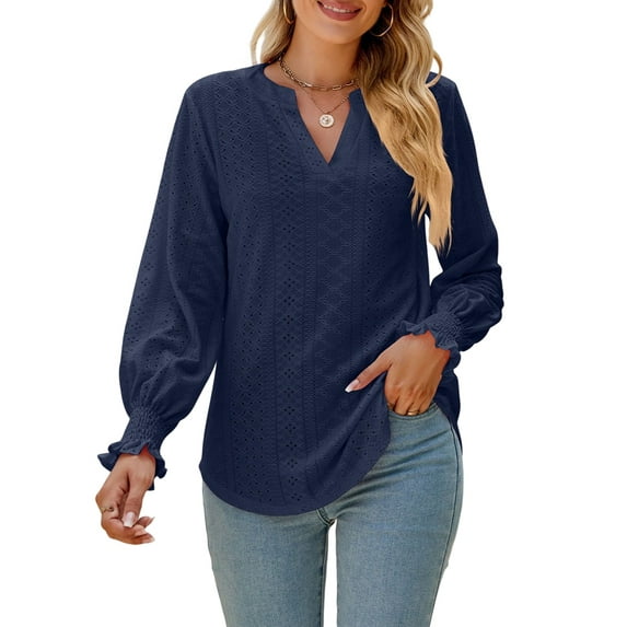 Women'S Casual Long Sleeve V-Neck Pullover Shirt Top Dark Blue XL