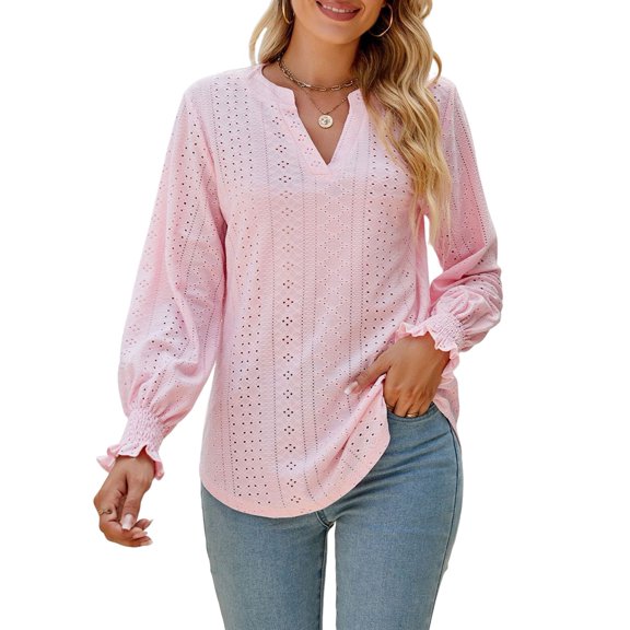 Women'S Casual Long Sleeve V-Neck Pullover Shirt Top Pink L