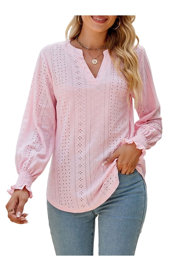 Women'S Casual Long Sleeve V-Neck Pullover Shirt Top Pink XL