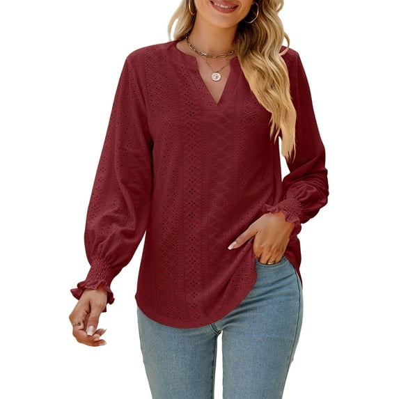 Women'S Casual Long Sleeve V-Neck Pullover Shirt Top Wine Red M
