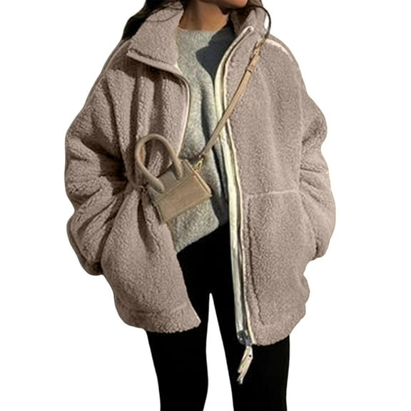 Women'S Casual Long-Sleeved Collared Fleece-Fit Faux Lambswool Double Zipper Warm Jacket Brown XL