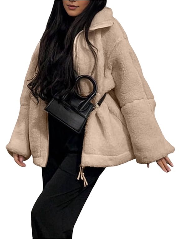 Women'S Casual Long-Sleeved Collared Fleece-Fit Faux Lambswool Double Zipper Warm Jacket Camel Color L