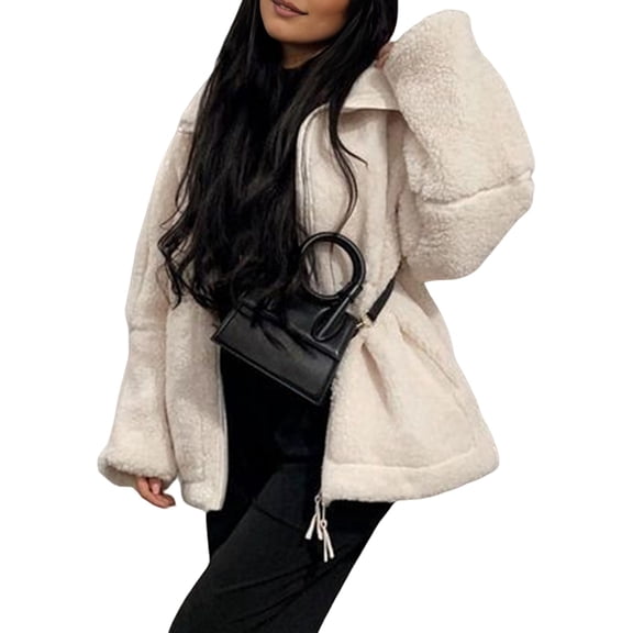 Women'S Casual Long-Sleeved Collared Fleece-Fit Faux Lambswool Double Zipper Warm Jacket Cream White S