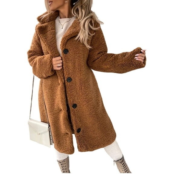 Women'S Casual Long-Sleeved Lapel Button Coat Autumn and Winter Plush Coat Long Coat Brown S