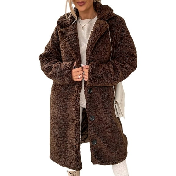 Women'S Casual Long-Sleeved Lapel Button Coat Autumn and Winter Plush Coat Long Coat Coffee Color L