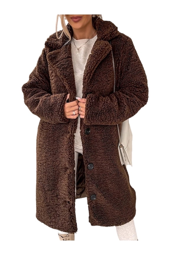 Women'S Casual Long-Sleeved Lapel Button Coat Autumn and Winter Plush Coat Long Coat Coffee Color S