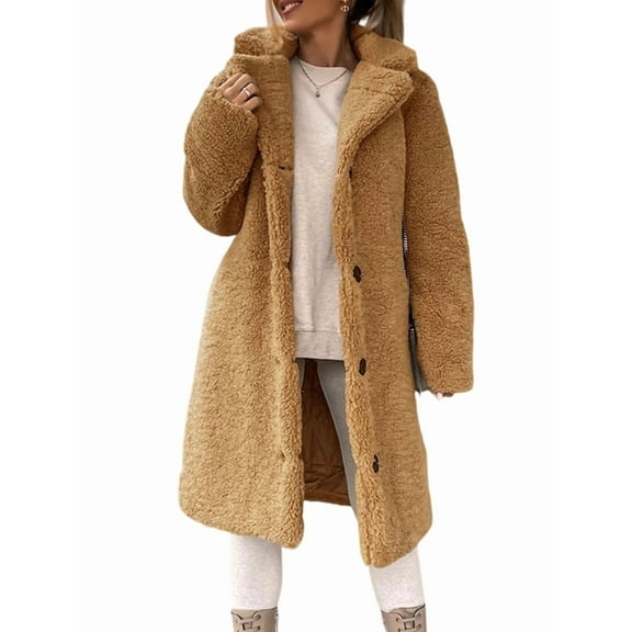 Women'S Casual Long-Sleeved Lapel Button Coat Autumn and Winter Plush Coat Long Coat Khaki XXL