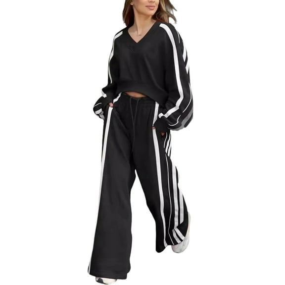 Women'S Casual Long-Sleeved Pants Two-Piece Set Black L