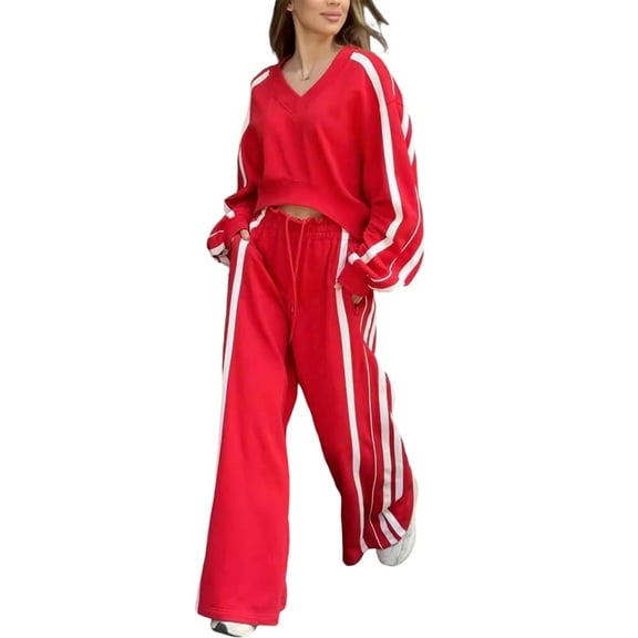 Women'S Casual Long-Sleeved Pants Two-Piece Set Red XXXL