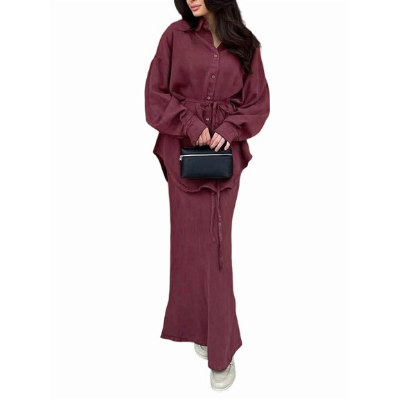 Women'S Casual Long Sleeved Shirt Set Loose Button Cardigan Top Wide Leg Pants Sportswear Two-Piece Set Rose Red L